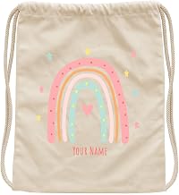 JOPHY & CO. Personalised Children's Bag | Backpack with Name | 100% Cotton | Children's School Bag / Nursery / Trip / Travel / Sport 40 x 36 cm (Code 8701) (Rainbow Pattern A, Beige)