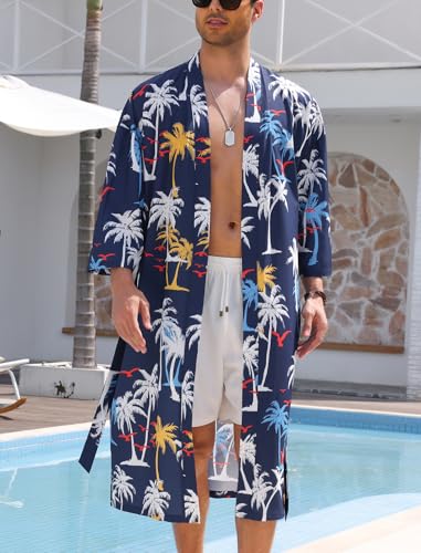 ODIZLI Men's Kimono Robe Tropical Print Long Sleeve Open Front Robe with Belt Japanese Bathrobe Nightgown for Beach Vacation2