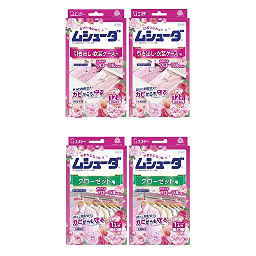 【セット買い】ムシューダ 衣類 防虫剤 やわらかフローラルの香り 引き出し・衣装ケース用 24個入×2個 & クローゼット用 3個入×2個 防カビ剤配合 1年間有効 かおりムシューダ