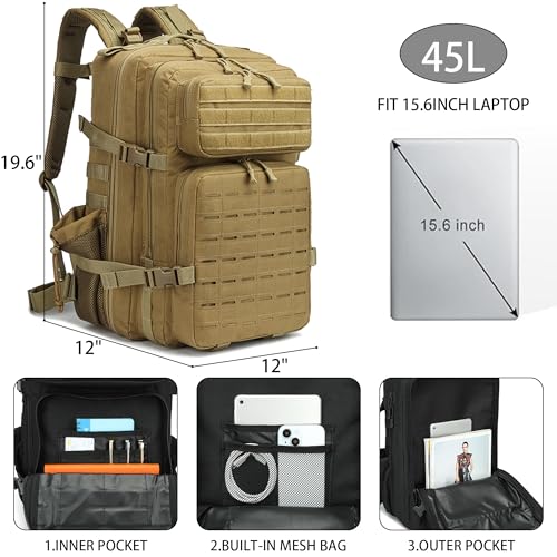 Image of Military Tactical Backpack 45L /25L 3 Day Assault Pack Molle Daypack Hiking Backpack for Men and Women