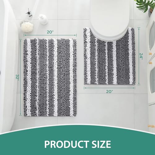 HOMEIDEAS Chenille Bathroom Rugs Sets 2 Piece, Cationic Dyed, Extra Soft Shaggy Absorbent Non-Slip Bath Mats, Machine Washable (32"x20"+U 24"x20", Dark Grey) — view 2