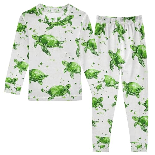 senya Cute Turtle Green Painting Pajamas Set Long Sleeve Soft Cotton Sleepwear 2 Piece