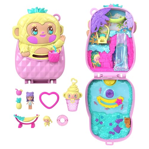 Polly Pocket Puppen und Spielset, Ananas-Äffchen-Schatulle, Reisespielzeug mit 1 Mikropuppe, Haustier, Hängematte und Zubehörteilen mit Obstmotiven, JKC49