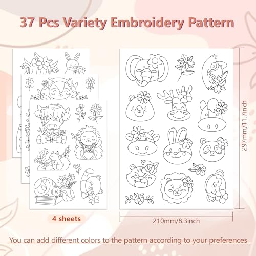 peacoblue Water Soluble Embroidery Patterns for Beginners 4 Sheets Animals Wearing Flowers with 37pcs Patterns - Image 2