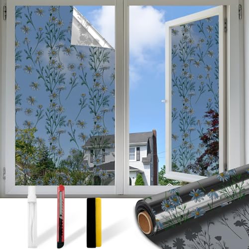 Countewol Upgraded Window Privacy Film One Way Daytime Privacy Static Cling Sun Blocking Anti UV Reflective Window Tint for Home and Office (Black - Silver?Daisy?, 17.5 X 78.7 in)