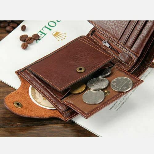 Mens P1 Leather Slim Bifold Wallet ID Window Credit Card Sim Card Billfold Purse Clutch with Gift Box (Brown Retro)3