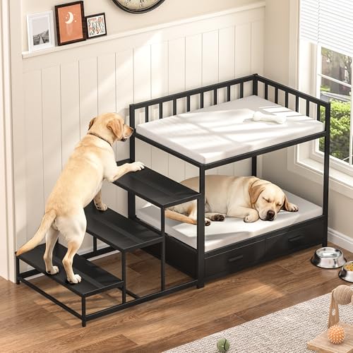 GDLF Dog Bunk Beds for Large Dogs Dog Bedside Bed with Stairs & Storage Space-Saving Indoor pet Furniture
