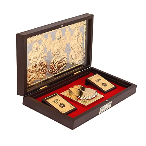 Image of l Laxmi Ganesh Saraswati Photo Frame l Gold-Silver Plated Idol with Natural Fragrance Momento l Best for Diwali Pooja