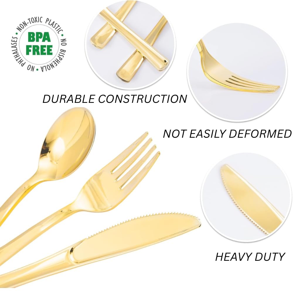 Elegante set di 150 posate in plastica dorata, 50 cucchiai, 50 forchette e 50 coltelli, resistenti, lavabili e riutilizzabili, posate dorate per compleanni, feste, matrimoni ed eventi