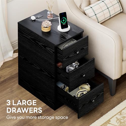Image of LIKIMIO Nightstand with Charging Station, Narrow Bedside Table with 3 Drawers, End Table with USB Ports and Outlets, Side Table for Living Room /Bedroom Modern