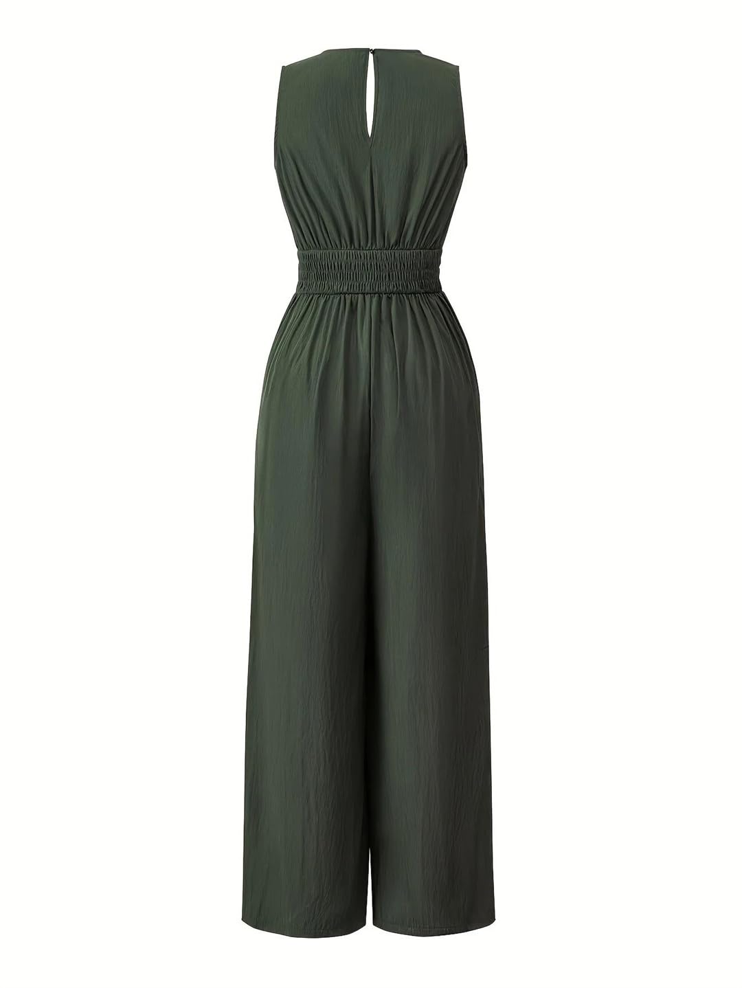 Yeuyyben Mono de pierna ancha con cuello en V para mujer, con lazo en la cintura, casual, color liso, ajuste holgado, elegante, pantalones largos