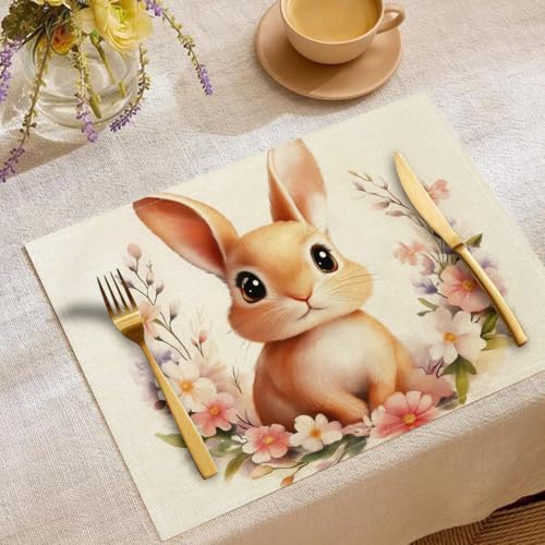 Juego De 4 Manteles Individuales Corona Moderna 45X30Cm Resistentes Al Calor Lino Manteles Individuales Diseño De Conejito De Pascua para Banquetes Primavera Pascua Decoración