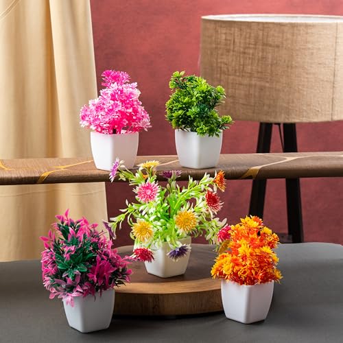 Image of JH Gallery Artificial Flower Pot - Home Decor, Indoor Plants for Home, Decorative Items for Office, Artificial Plants for Decoration, Plastic Flowers for Home Decor (Pack of 5)