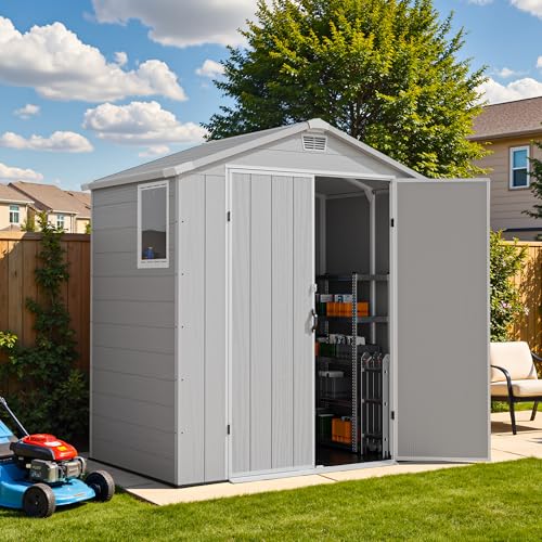 Image of Devoko 6x4 FT Plastic Storage Shed, Waterproof Tool Storage Shed with Lockable Door and Window for Patio, Garden, Backyard, Light Gray