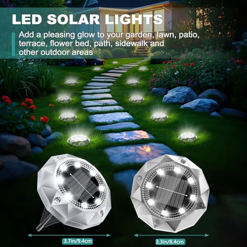 10 Pack Solar Ground Lights Outdoor, IP65 Waterproof Diamond LED Garden Lights - Auto On/Off Pathway Lighting for Driveway, Patio, Lawn & Landscape Decor | 8 Bright LEDs | Cool White - Image 5