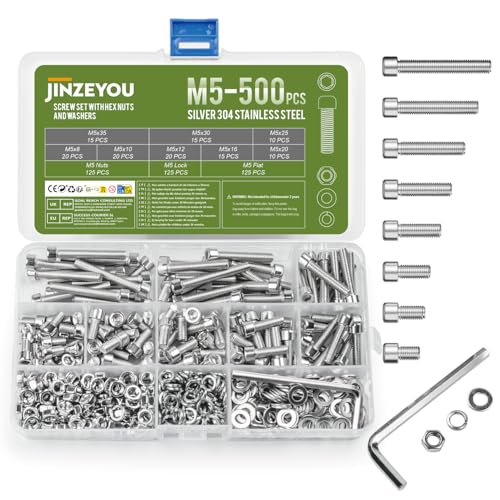 500 Stk M5 Schrauben Set Sechskantschrauben Muttern Set Edelstahl Zylinderschrauben Innensechskant Schrauben mit Muttern und Unterlegscheiben Set Maschinenschrauben Gewindeschrauben Sortiment