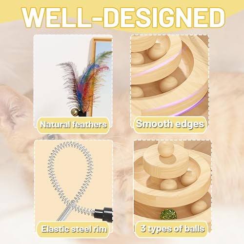 Honicemar 2-Layer Tower Wooden Cat Toy with Ball and Track, Cat Roller Toys Interactive with 3 Types of Balls - Image 4