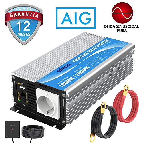 Giandel Inversor de Corriente de Onda Sinusoidal Pura 1000w Convertidor DC 12V a AC 220V 230V con Mando a Distancia con Toma de AC & 2.4A Puerto USB para RV Truck Car