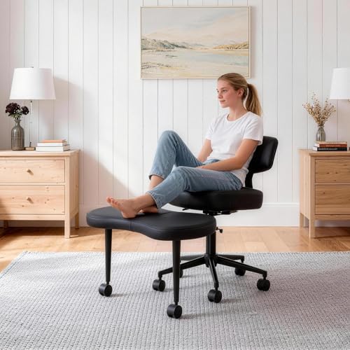 Image of DUMOS Ergonomic ADHD Cross Legged Office Desk Chair with Adjustable Backrest, Height Adjustbale Meditation Chair with 360 Swivel Footstool, PU Leather Yoga Stool for Home Office, Black