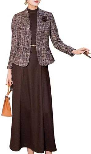 [TRVELBETT] 顔合わせ 母親 服装 50代 ワンピーススーツ セットアップ 60代 70代 40代 結婚式 ツイードスーツ 親族 大きいサイズ シニア お宮参り 祖母 叔母 セレモニースーツ ロング丈 フォーマルスーツ ママスーツ 七五三 披露宴 (コーヒー色,S)のサムネイル