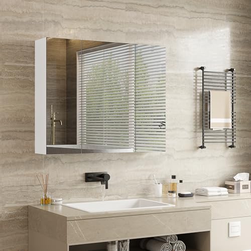 mojiasion Armario de Baño con Espejo, Mueble Espejo con 3 Puertas y Estantes Ajustable con Mucho Espacio de Almacenamiento, Gabinete de Almacenaje para Colgar para Cocina Salón, Blanco, 70x16x60cm