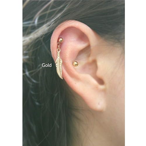 Miniatura 6 de 20g, 16g Feather cartilage earring, Rose Gold helix earring, Tragus ear stud labret, cartilage jewelry, Stainless Steel, Sold individually