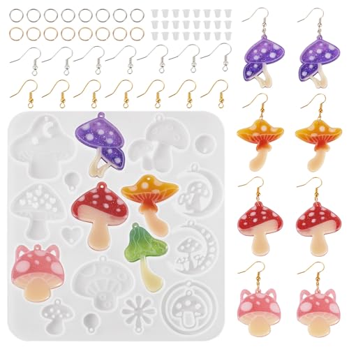 PandaHall Moules en silicone pour pendentifs en forme de champignon, moules pour résine végétale avec crochets de boucles d'oreilles, anneaux de jonction,...
