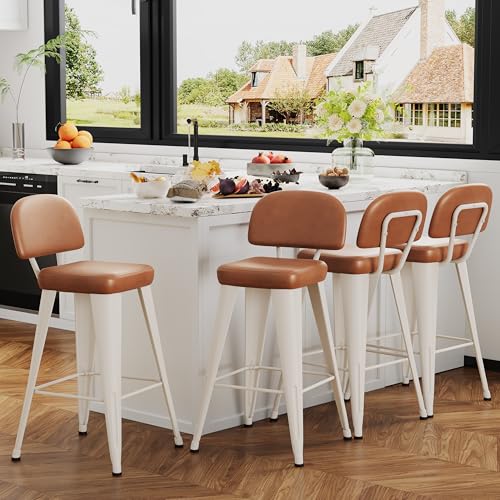 Image of Yongchuang 30 inch Bar Stools with Back Set of 4, Faux Leather Bar Height Stools with Metal Legs Modern Upholstered Kitchen Island Bar Chairs, Brown White
