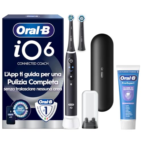 Oral-B iO 6 Spazzolino Elettrico, 2 Testine, Custodia, Dentifricio, Nero