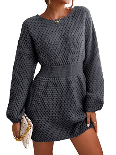 CUPSHE Damen Strickkleid Kleid Rundhals Langarm Grobstrick Pulloverkleid Pulli Lässig Sweater Tunika Knit Mini Dress Schwarz XL