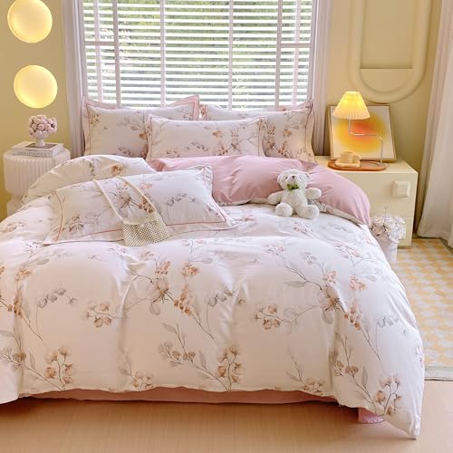 Image of USTIDE Garden Style Cotton Flowers Blossoms Pattern Printed Duvet Cover Reversible Design Luxury 3 Piece Bedding Duvet Set King Size