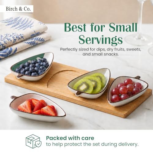 Image of Birch & Co. Ceramic Leaf Serving Platter Set with Wooden Tray - Set of 4 Leaf-Shaped Snack Plates - Serving Tray for Dry Fruits, Sweets, Snacks, Decorative Tableware for Home & Parties, Green