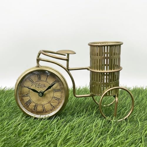 Image of Cycle Pen Stand - Golden Metal Showpiece with Clock and Pen Stand