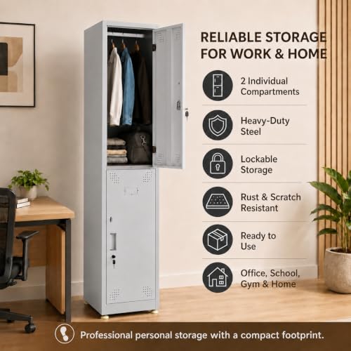 Image of Amazon Brand - Solimo 2 Door Steel Staff Locker Cabinet | Heavy Duty Lockable Storage Cupboard for Office Gym School Hostel Home | Powder Coated Metal Personal Storage Locker (Grey)