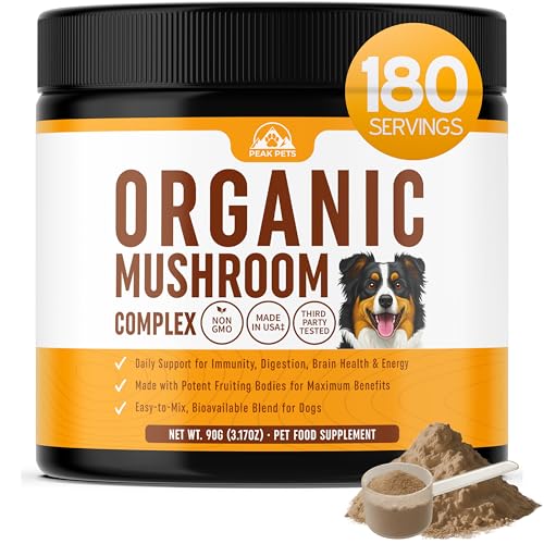 Mushroom Supplement Powder for Dogs (90g) Organic Mushroom Complex with Turkey Tail and Lions Mane for Dogs - Immune Support, Brain Health and Digestion - Third Party Tested, Non-GMO and Made in USA