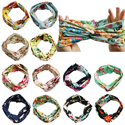 WillingTee 12 Pack Boho Headbands for Women Vintage Flower Printed Criss Cross Elastic Head Wrap Twisted Cute Hair Accessories