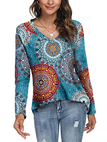 LONGYUAN Women Winter Top Casual Loose Fitting Tshirts Long Sleeve V Neck Cotton Tunic Fl Mix Blue,X-Large