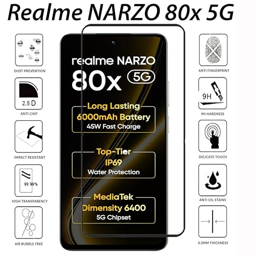 Image of Tempered Glass Screen Protector Compatible For Realme Narzo 80x (6.72 Inch) Black Cellphone With Edge To Edge Coverage And Easy Installation Kit