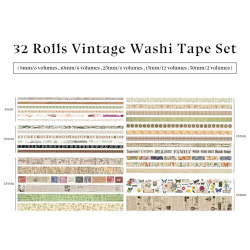 bomichi 32 Rollen Vintage Washi Tape Set - Retro Dekor Klebeband mit Altzeitung, Briefmarken & Blumen Motiven für Scrapbooking, Bullet Journal, Junk Journal DIY, Tagebuch & Geschenk Dekoration