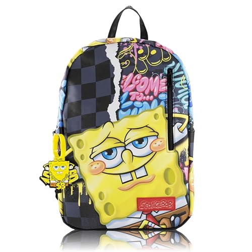 SpongeBob SquarePants Backpack for Teens with Rubber Luggage Tag | 2 Piece SpongeBob Backpack Set for Boys, Girls, Unisex | SpongeBob School Backpack and Travel Essentials2