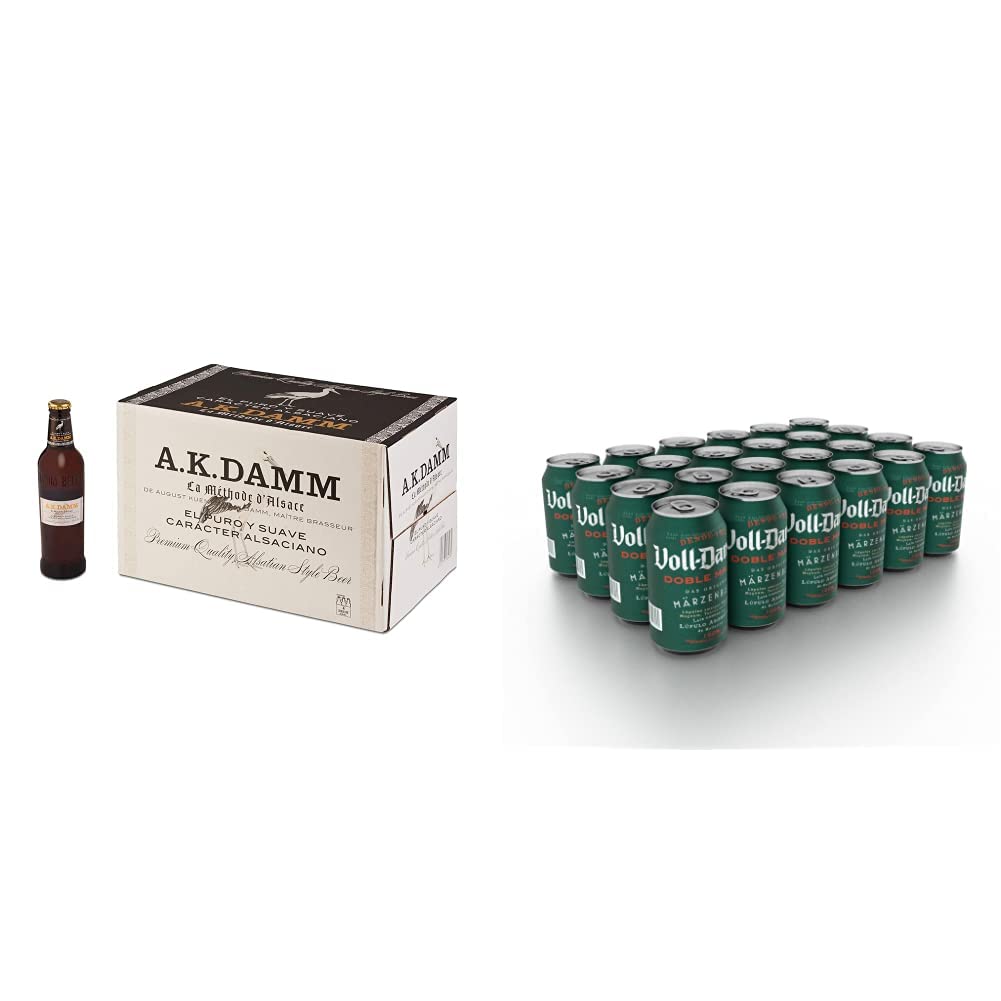 Damm - Cerveza A.K. Damm, Caja de 24 Botellas 33cl | Cerveza 100% Malta, Puro Carácter Alsaciano, Ingredientes 100% Naturales, Original + Voll- Cerveza - Paquete de 24 x 330 ml - Total: 7920 ml