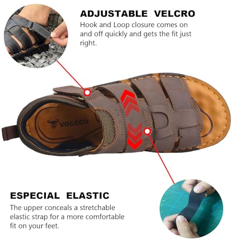 VOCECO Men's Open Toe Causal Leather Fisherman Adjustable Lightweight Outdoor Summer Beach Sandals2