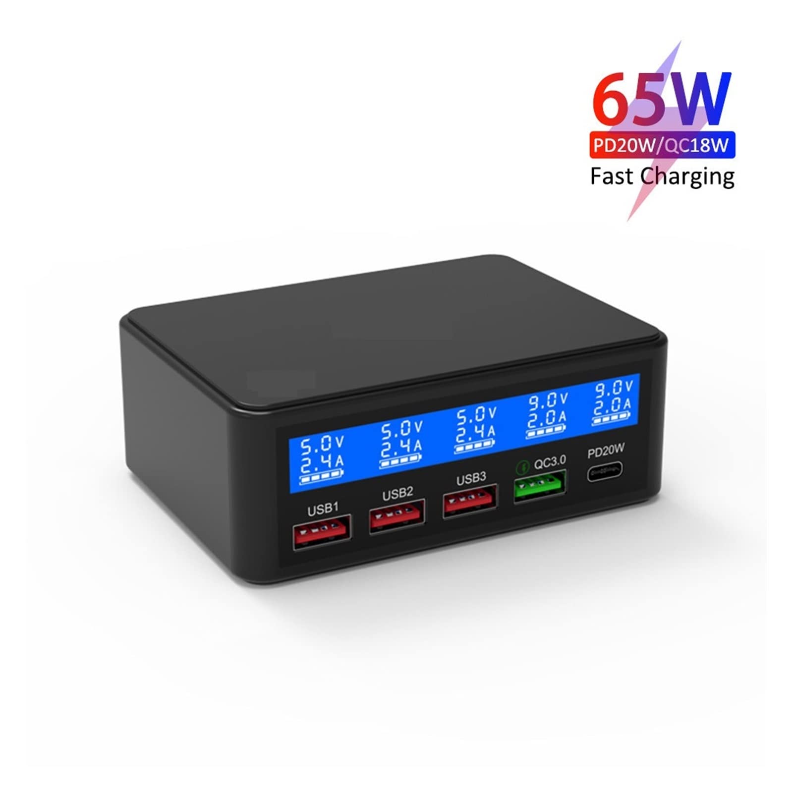 Stacja ładowania, Ładowarka 65 W Multi USB PD QC 2.0/3.0 Szybka ładowarka Szybkie ładowanie Stacja ładująca Przewód(Nero)