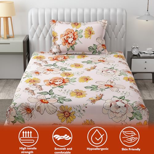 Image of Fresh From Loom Floral Print Microfiber Single Bed Bedsheet Set - Anti Fade, 240 TC, 1 Pillow Covers Included (60 x 90 inch| Pink, Floral Design)