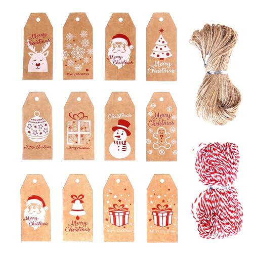 SULOLI 100 Pezzi Etichette Regalo Natale,Etichetta Carta Kraft Paper Tags con Filo di Cotone e Spago per Decorazioni Fai da Te (Carta Kraft 2)