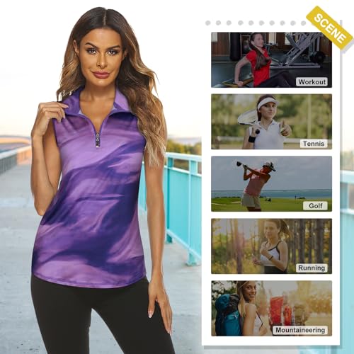 Image of Koscacy Women's Sleeveless Golf Tennis Polo Shirts Zip Up Dry Fit Workout Tank Tops Athletic Shirt