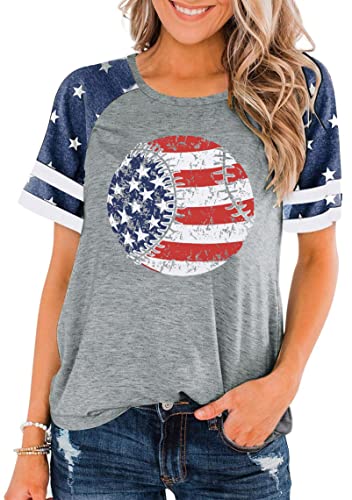 Baseball Shirts for Women 4th of July Tshirts Vintage USA Flag Star Stripe Tees Patriotic Raglan Blouse Tops(LightGray9,Small)
