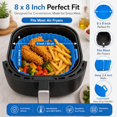 Image of SAKORAWARE Pack of 2 Silicone Air Fryer Mould Tray 8x8 Inches| Reusable Basket with Handles Non-Stick BPA-Free Food Grade Oven Baking Pan for Frying Roasting Baking Cooking Dishwasher Safe, Multicolor