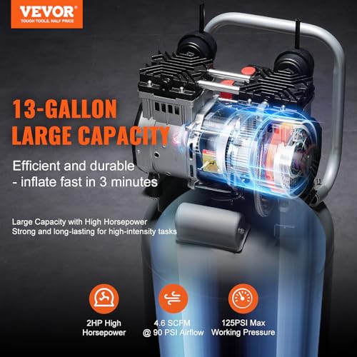 VEVOR 13-Gallon Air Compressor, 2HP, 4.6 SCFM@90PSI, Oil-Free Tank, 66dB Quiet Operation, Ideal for Tire Inflation, Woodworking, Auto Repairs, and Spray Painting (Maximum Pressure 125 PSI) - Image 2