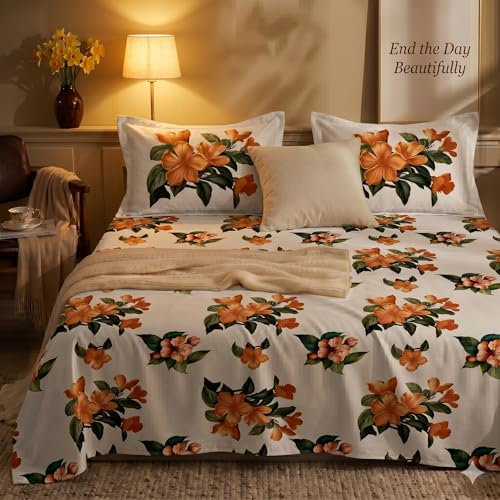 Image of SANMARINO 300TC Cloud Cotton King Size Bedsheet with 2 Pillow Covers | Super Soft & Breathable | Luxury Floral Pixel Bloom Digital Print Bedding Set | 228x254 cm | Rustic Floral Terracotta